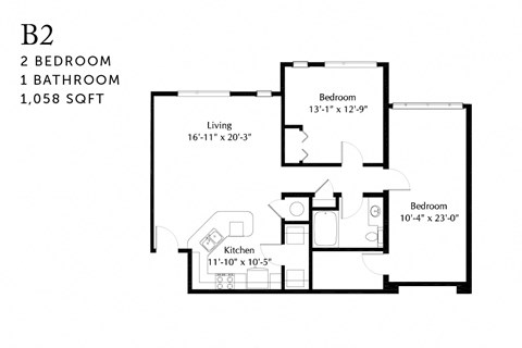 Floor plan for 2 beds, 1 bath, 1058 sqft